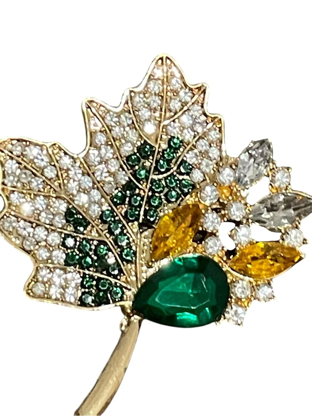 Crystal Maple Leaf Brooch with Green and Yellow Stones